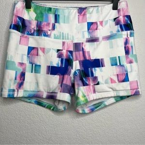 FLEO Women Shorts Large White Pixel Colorful High Rise Original Stretch Gym